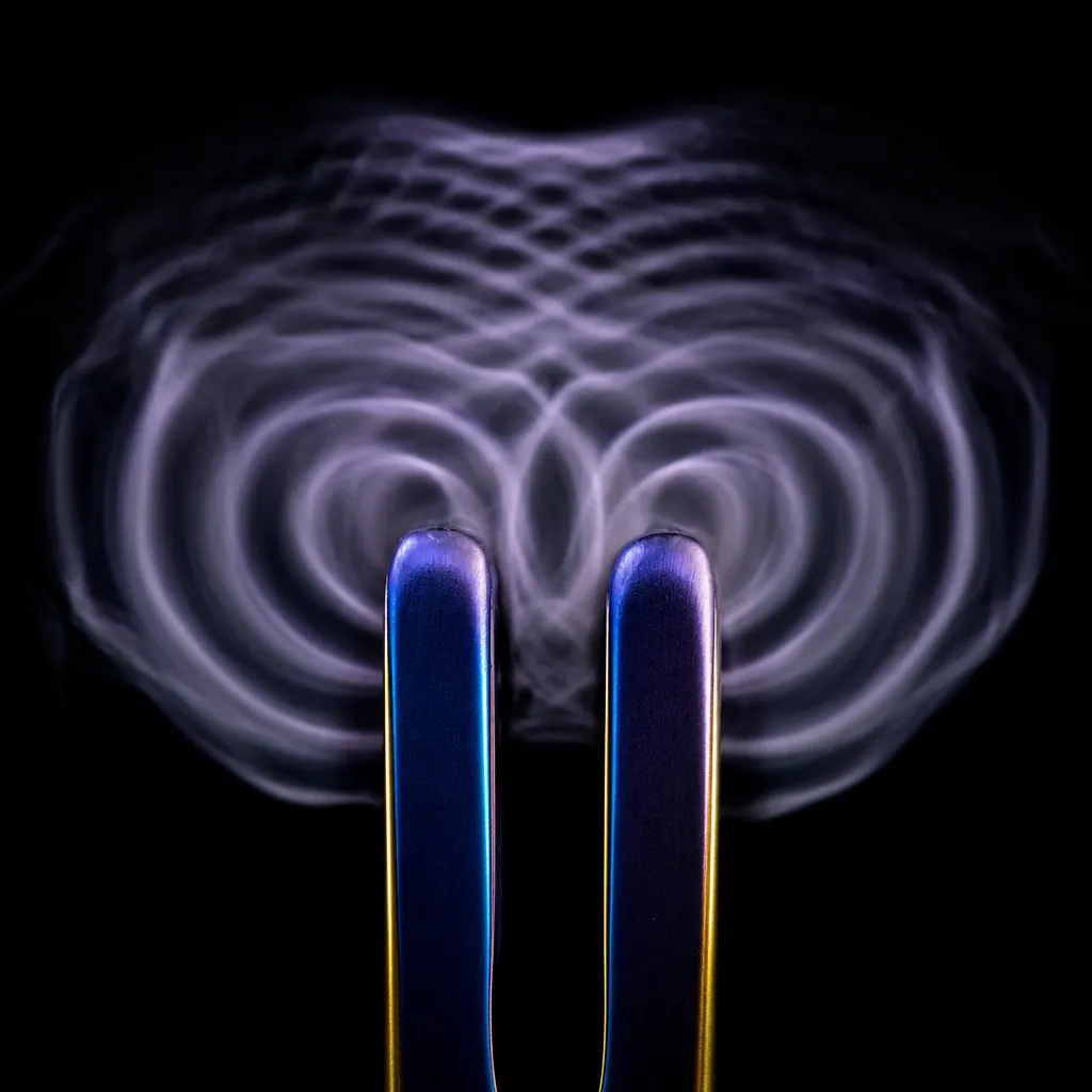 Two titanium tines emitting interfering sound ripples